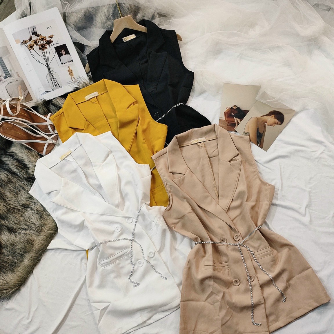Áo vest ngắn tayaó khoác kiểu tặng kèm dây xích,ly store