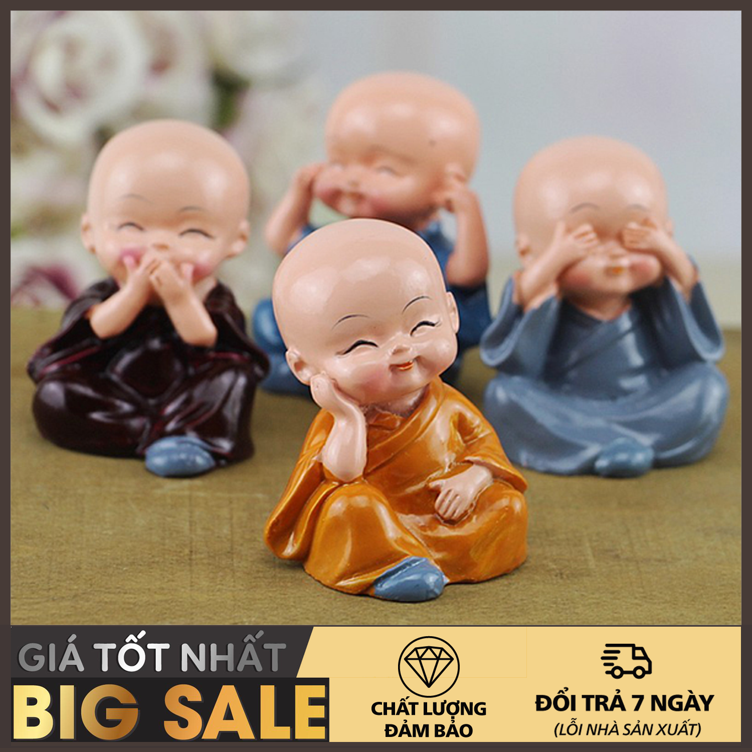 Bộ tứ tượng không vui vẻ - Bộ tượng 4 chú tiểu tứ không , bộ tượng phong thủy tài lộc may mắn nhỏ nhắn trang trí xe hơi , bàn làm việc dễ thương