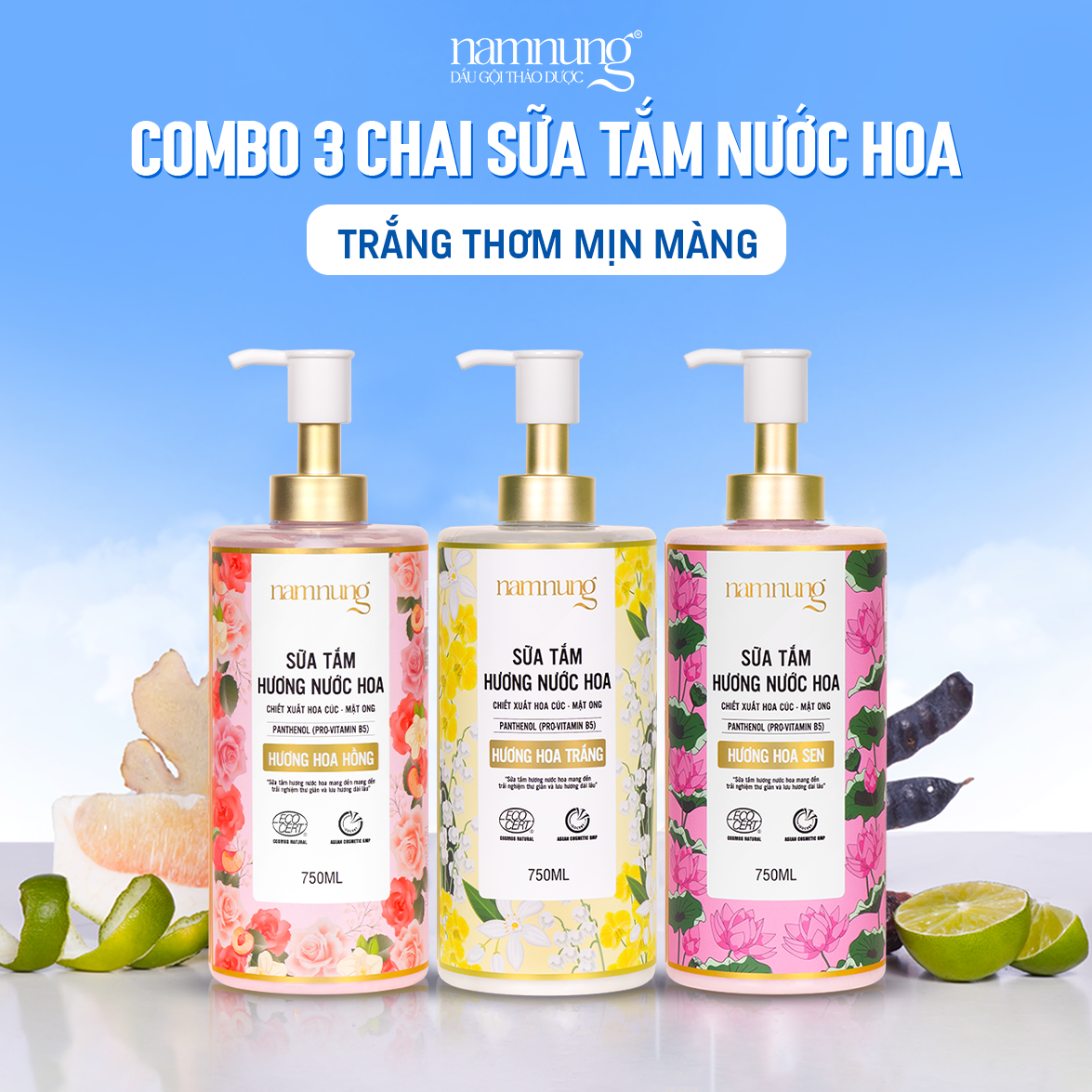 Combo 3 chai sữa tắm nước hoa NamNung dung tích 750ml 3 mùi