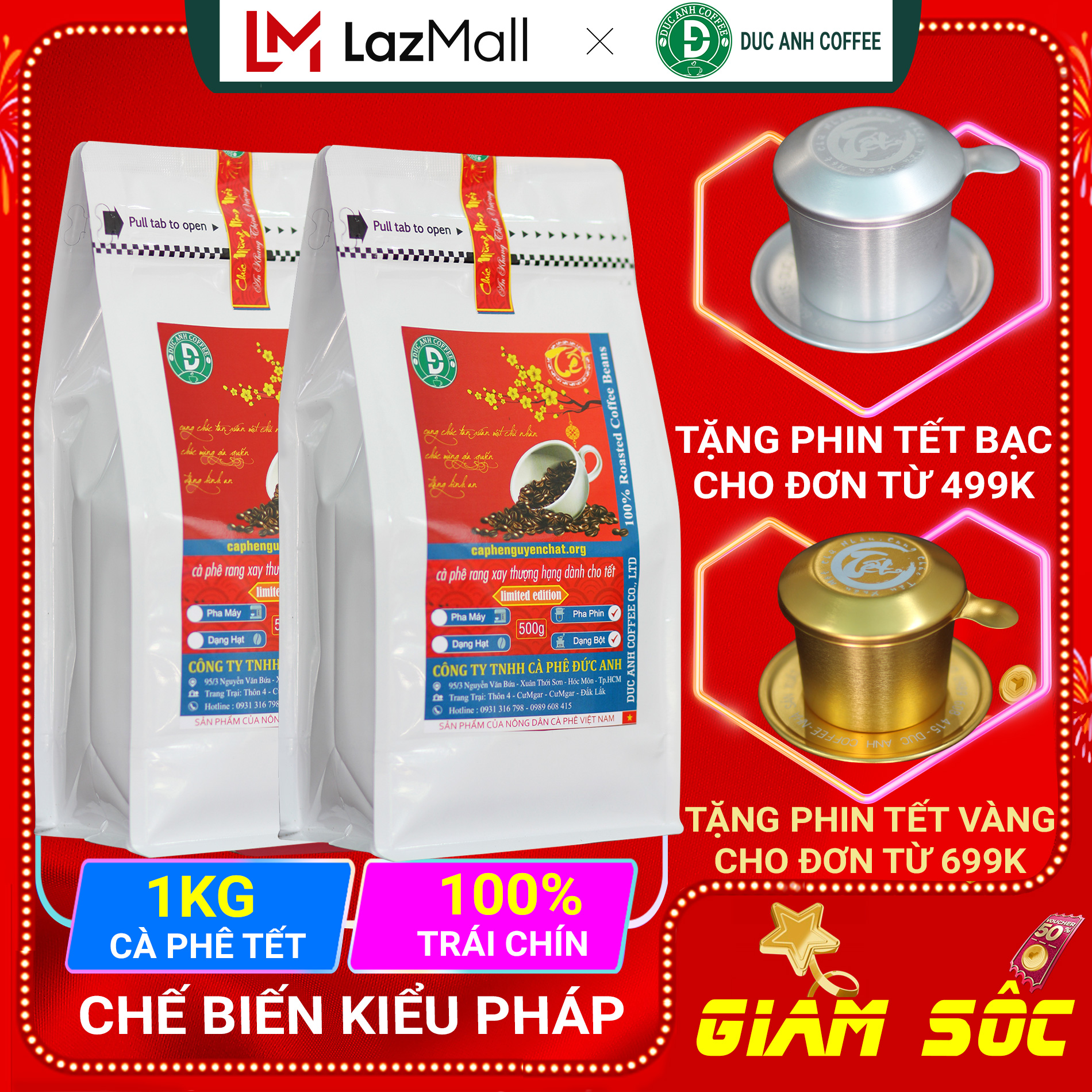 [Quà tết 2025] 1kg cà phê phiên bản Tết - rang mộc nguyên chất pha phin - đậm vị, mạnh hậu ngọt - phiên-bản-giới-hạn đặc biệt chọn lọc kỹ - Dạng bột xay pha phin - 2 gói 500g - TOP BÁN CHẠY TẾT