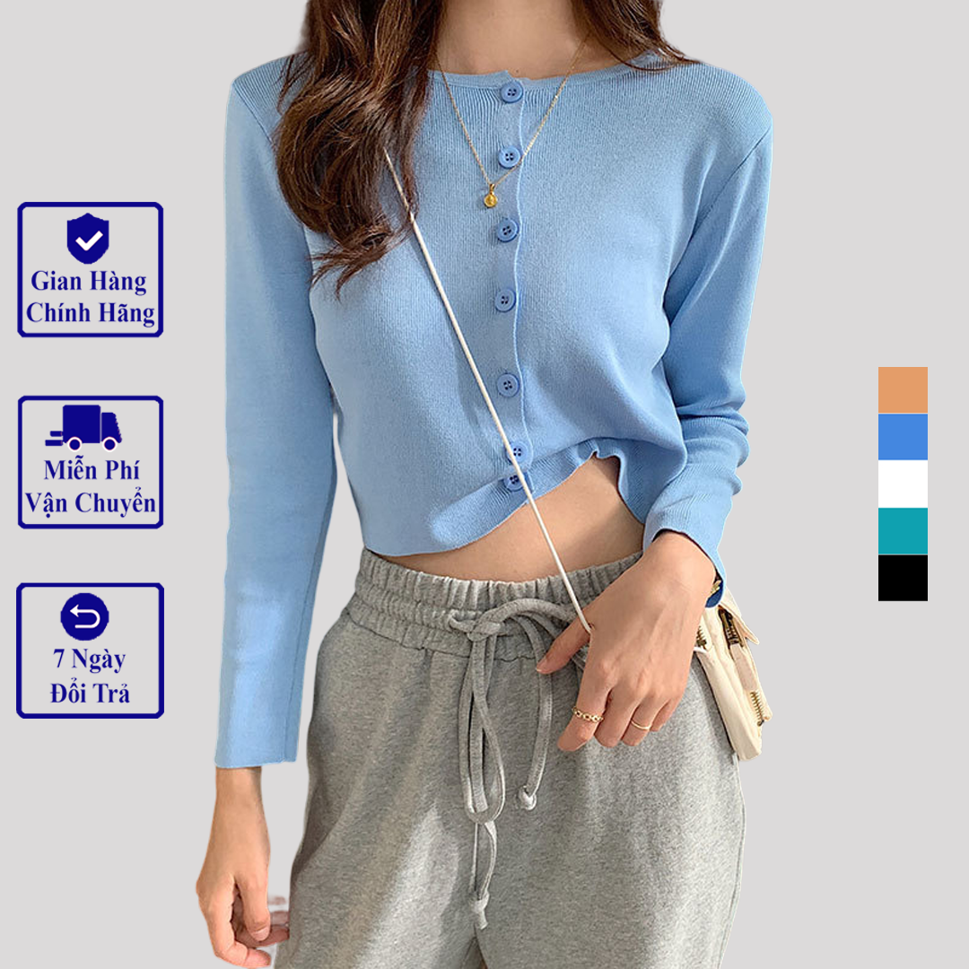 Áo thun croptop MADELA dài tay có cúc dáng ôm thun bozzip dày dặn, croptop cổ tròn dài tay khoá cúc