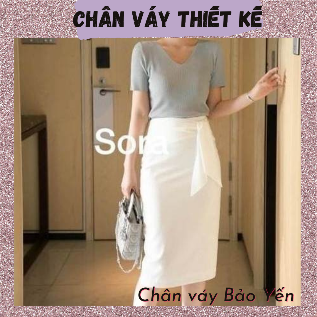 Chân váy bút chì màu trắng 2 lớp qua gối thắt nơ xinh xắn