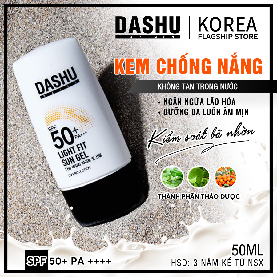 Kem chống nắng vật lý dạng Gel Dashu Daily Light Fit Sun Gel SPF50+ PA+++ 50ml không bám dính, triết xuất từ thiên nhiên không gây kích ứng trên da nhạy cảm, chứa Titanium Dioxide chống tia cực tim, tia UV, khói bụi mịn, kim loại nặng.