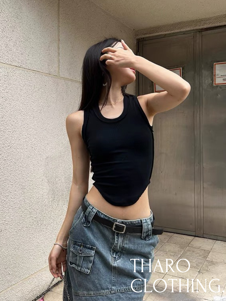 Áo croptop ba lỗ vạt bầu, viền ngược - tharo clothing