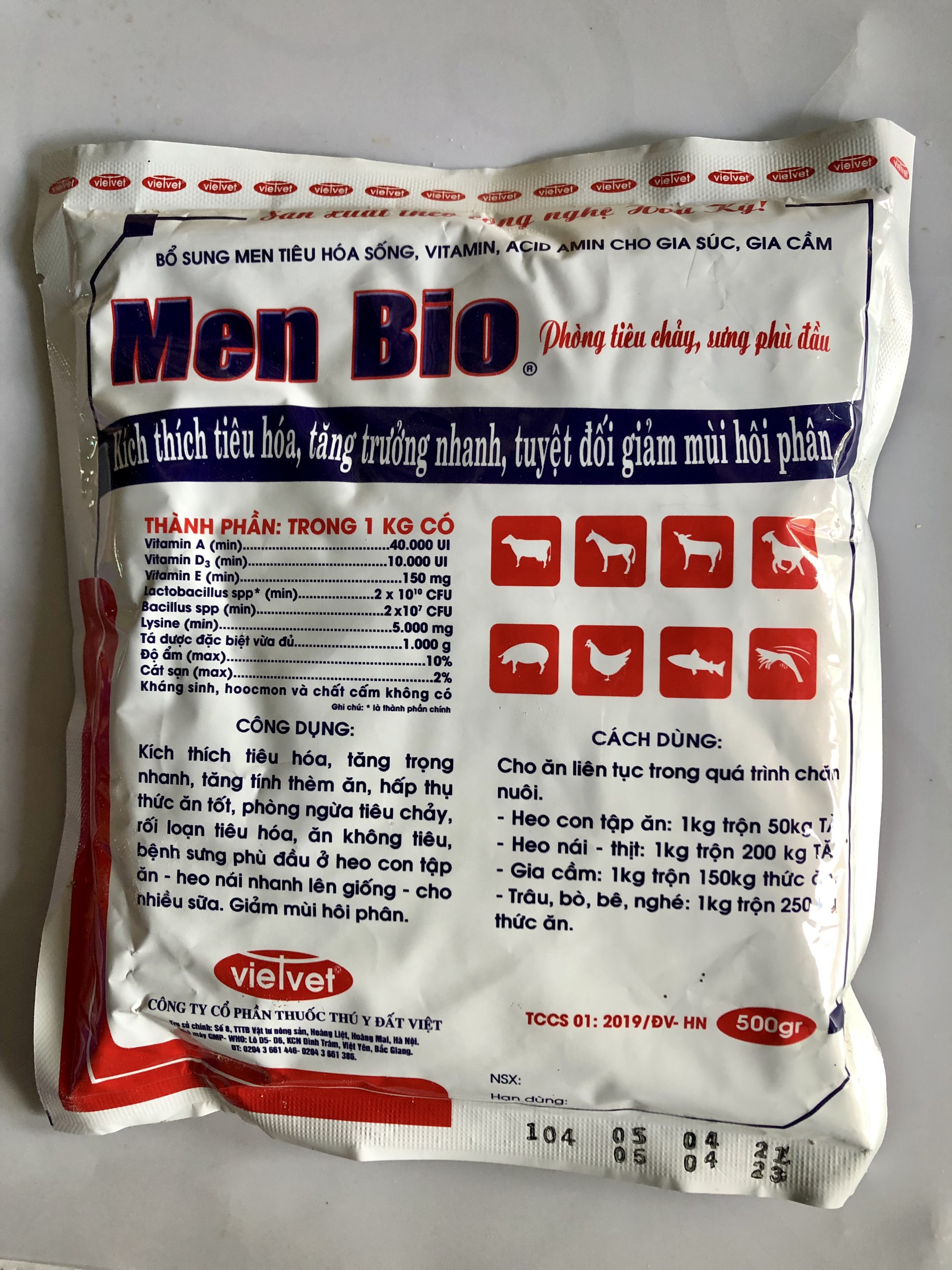 Thuốc thú y VIETVET MEN BIO 500g Kích thích tiêu hóa, tăng trưởng nhanh, tuyệt đối giảm mùi hôi phân