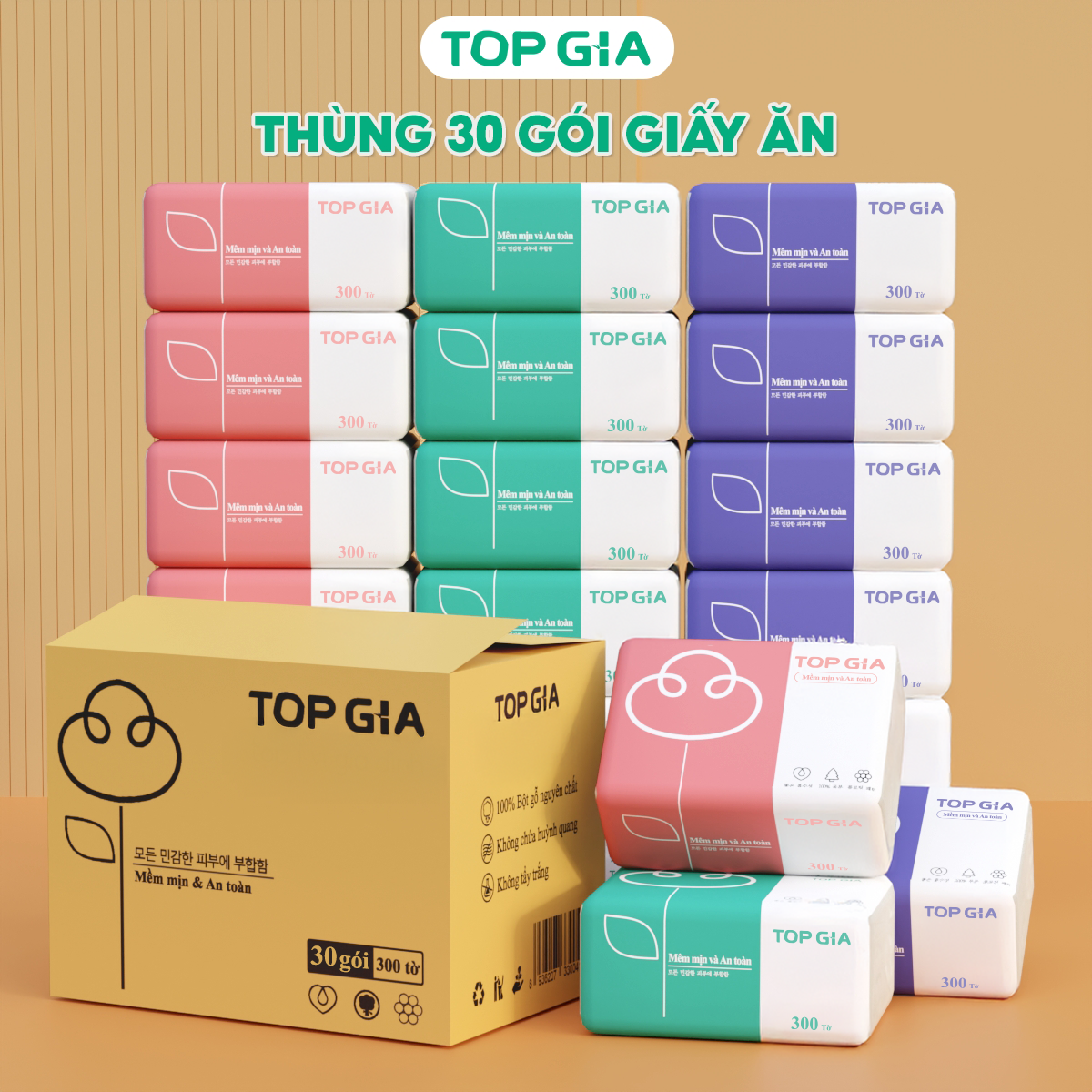  Giấy ăn gấu trúc TopGia thùng 30 gói 100% bột giấy thiên nhiên không chất tẩy trắng mềm mịn và an toàn cho da 