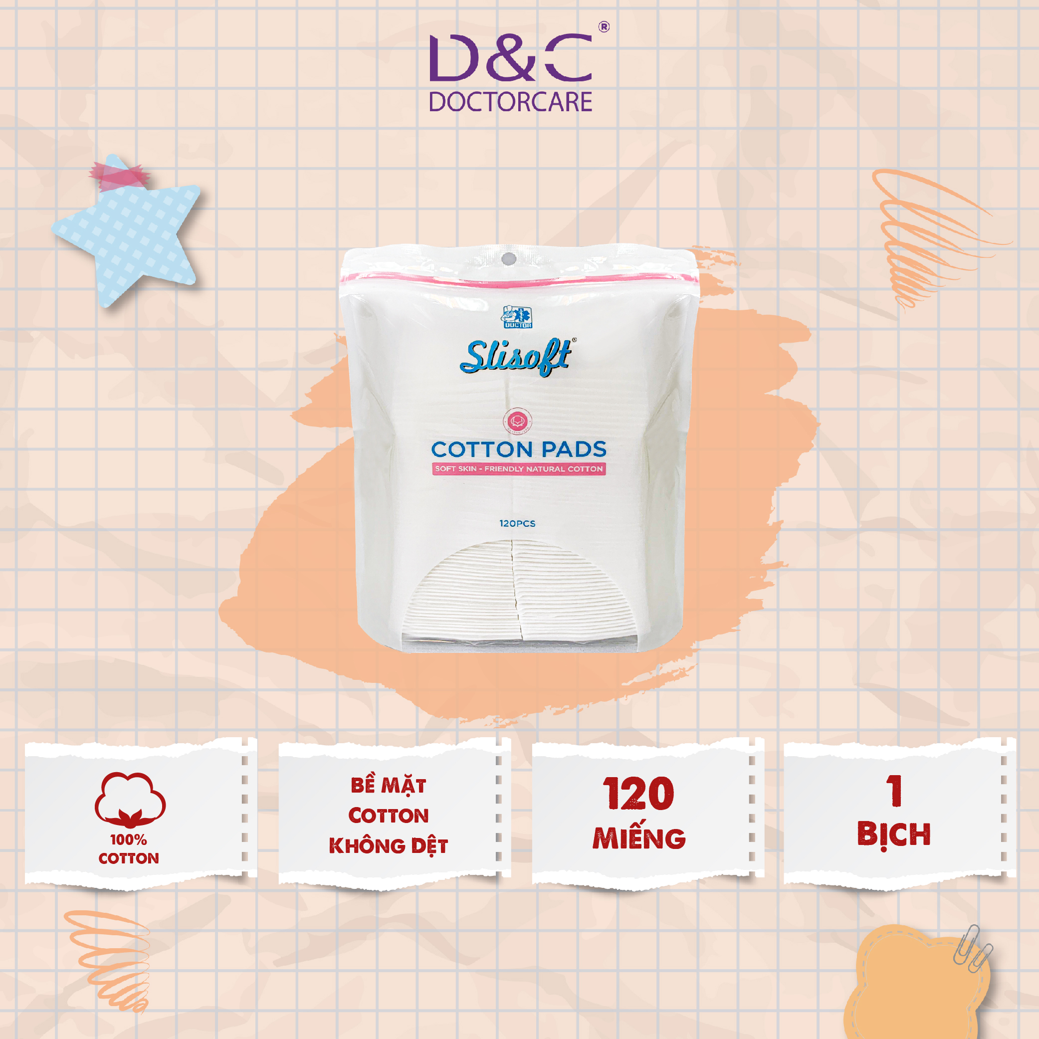 Bông tẩy trang 120 miếng Slisoft, bông tẩy trang cao cấp 2 lớp mặt cotton không dệt bên trong 100% bông tự nhiên