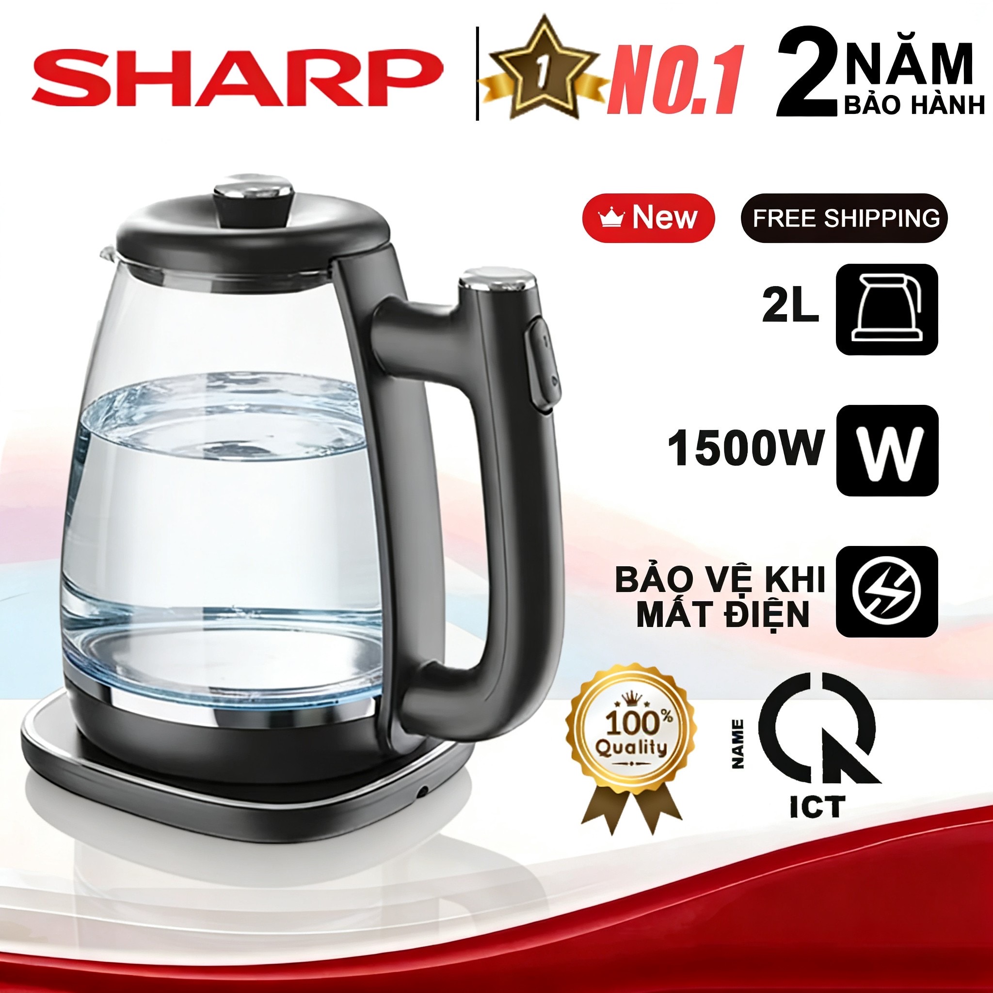 Bảo hành 2 năm - Ấm đun nước điện - Ấm đun nước - Ấm đun nước thủy tinh chất lượng cao - 2 lít - Tự động tắt nguồn - An toàn