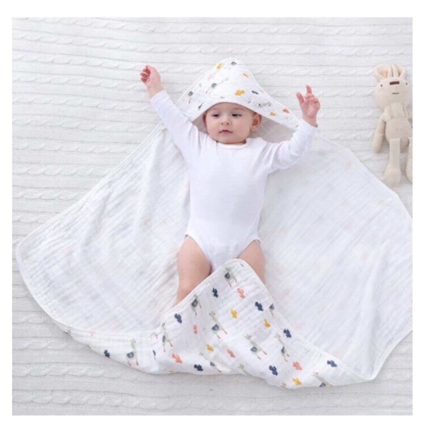 Khăn ủ xô sơ sinh, ủ choàng cotton 4 lớp, khăn tắm có mũ cho bé. Khăn quấn ủ xô vuông Organic cho bé sơ sinh