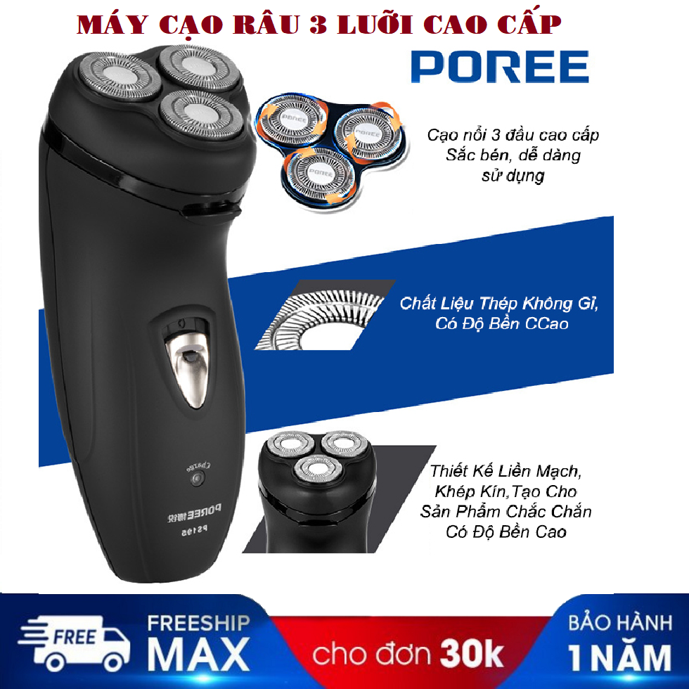 Máy cạo râu khô, máy cạo râu đa năng 3 lưỡi kép- máy cạo râu sạc điện 3 lưỡi tròn poree ps195 cao cấp phiên bản 2021