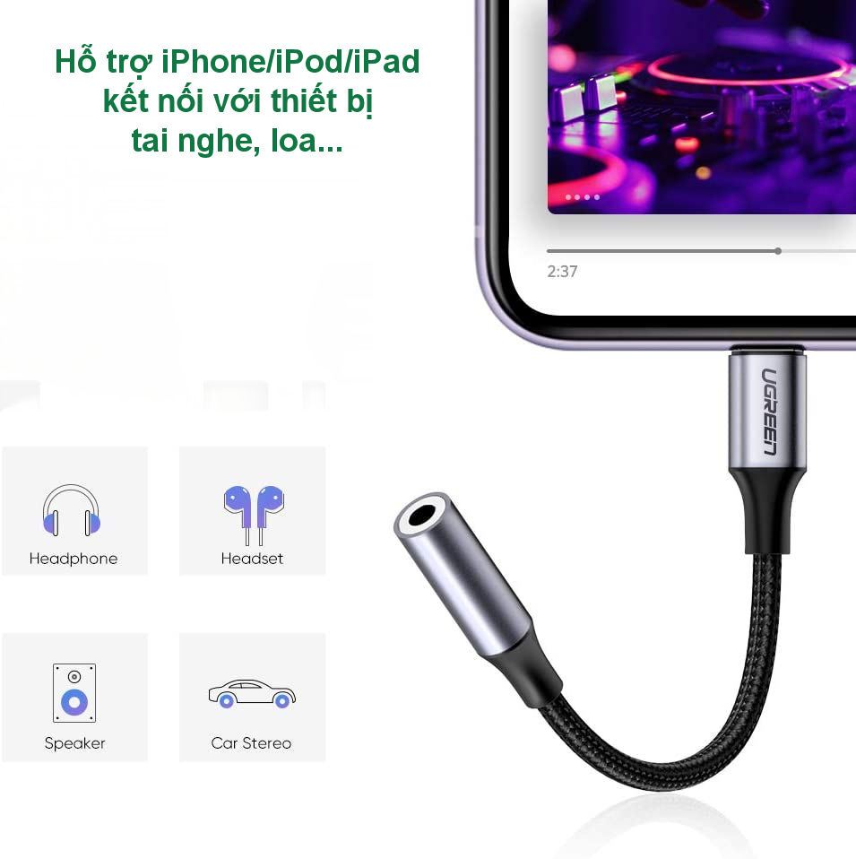 Cáp Lightning sang 3.5mm Audio chuẩn MFI UGREEN US211 - Dùng tai nghe 3.5mm cho iPhone 11 Pro Max / iPhone Xs Max / iPhone Xr / iPhone X / iPhone 8 Plus / iPhone 7 Plus Cáp Lightning sang 3.5mm Audio chuẩn MFI UGREEN US211 - Dùng tai nghe 3.5mm cho iPhone 11 Pro Max / iPhone Xs Max / iPhone Xr / iPhone X / iPhone 8 Plus / iPhone 7 Plus