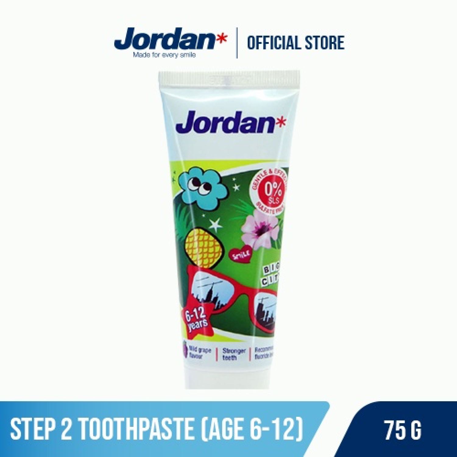 Kem đánh răng cho trẻ em 6-12 tuổi vị nho Jordan Step 2, 75g tuýp