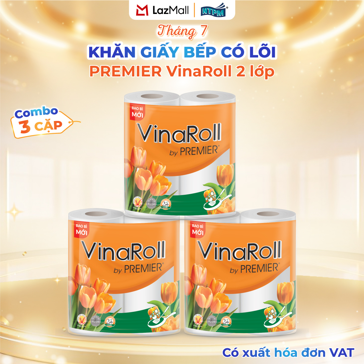 [COMBO 3 LỐC] Khăn giấy bếp PREMIER VinaRoll, 2 lớp – 100% bột giấy nguyên sinh, không chất tẩy, 2 cuộn/lốc – Chính hãng