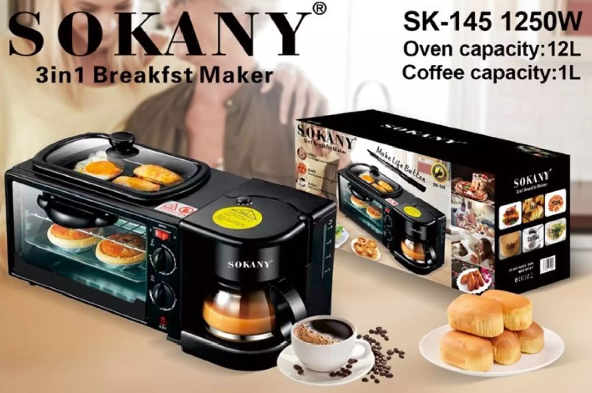 [ SẢN PHẨM MỚI ] Máy Làm Đồ Ăn Sáng Đa Năng Sokany SK-145 Chất Lượng Cao Giá Cực Rẻ, Máy Có 3 Chức Năng- Pha Cafe-Nướng Bánh Và Rán, Lò Nướng Điện Gia Dụng Máy Nướng Bánh Mì Tự Động,Bảo Hành 12 Tháng