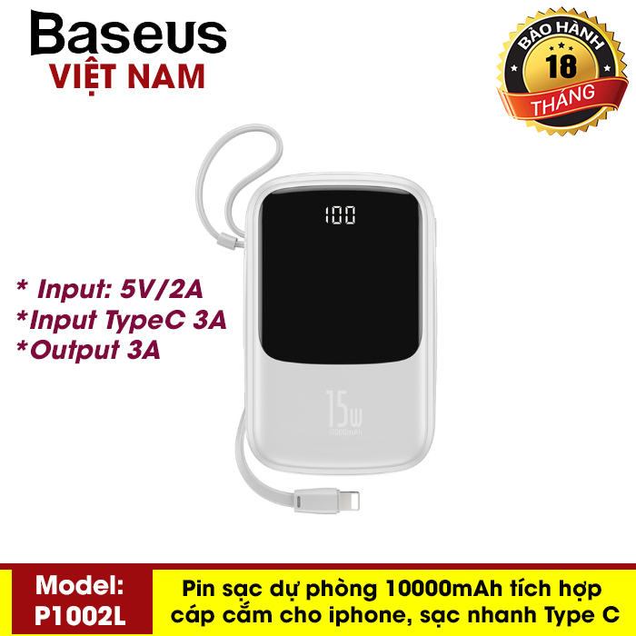 Pin sạc dự phòng BS-P1001L 10000mAh Power Bank 3A công suất 15W  tích hợp cáp sạc Lightning cho Iphone đi kèm hỗ trợ sạc nhanh cổng USB kép - Phân phối bởi Baseus Vietnam