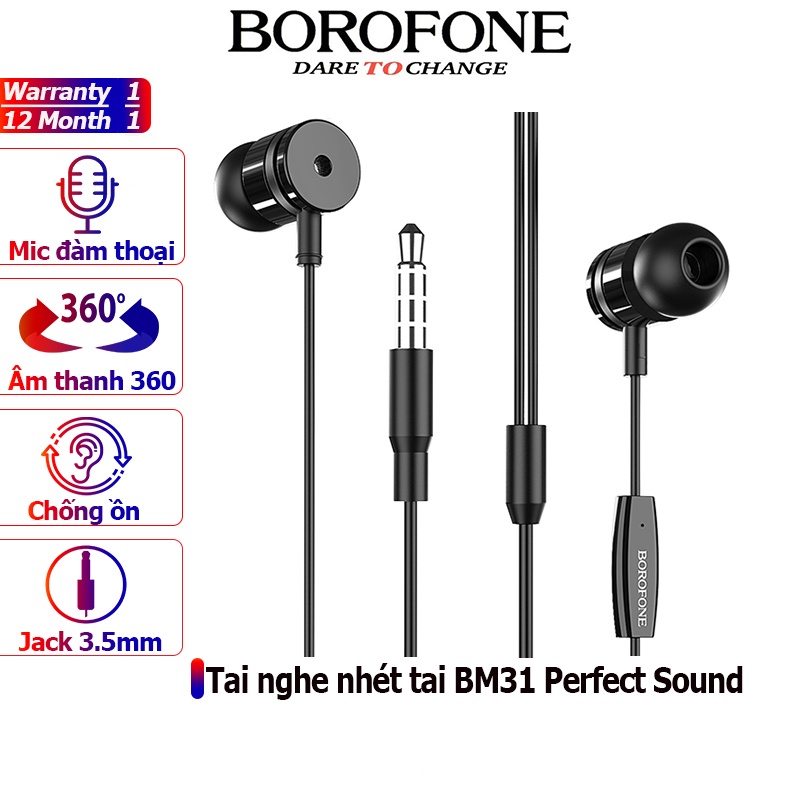 Tai nghe nhét tai borofone bm31 chống ồn, nghe hay có mic đàm thoại, dây dài 1.2m - chính hãng