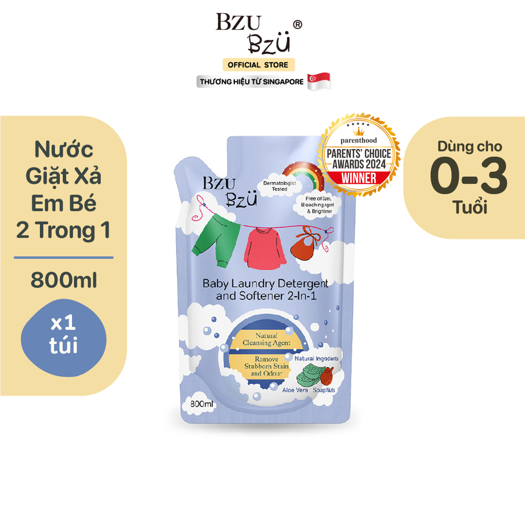 Nước Giặt Xả Vải Em Bé BZU BZU Baby Laundry Detergent and Softener 2 in 1 Dịu Nhẹ Cho Da Bé 800ml, 1L