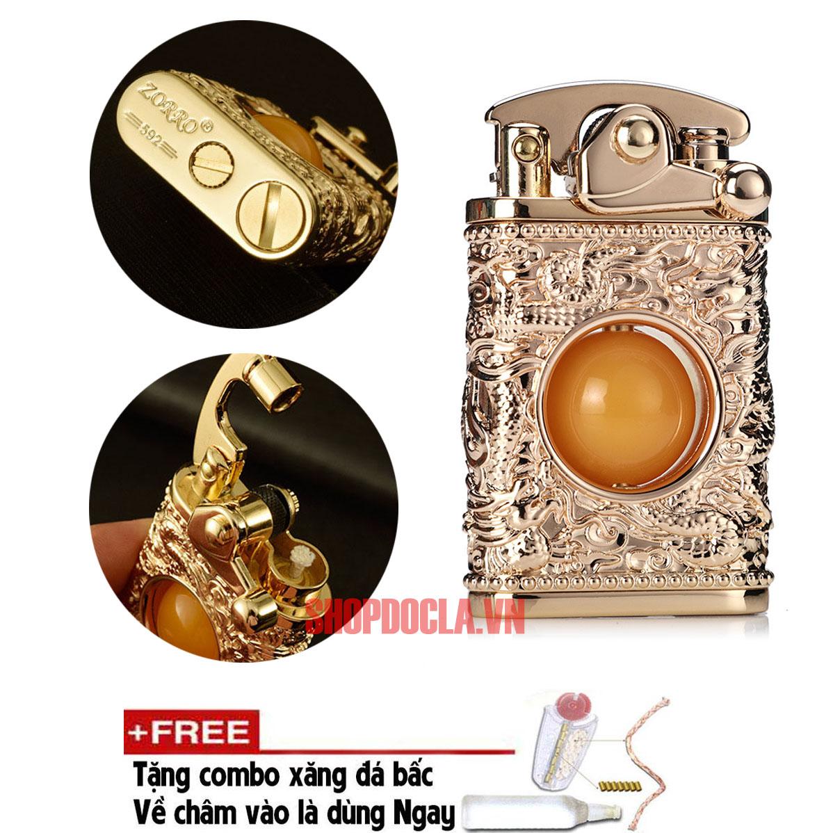 [HCM]Hộp Quẹt Bật lửa xăng đá zorro chạm khắc rồng quấn ngọc Mạ Vàng sang trọng( không xăng )