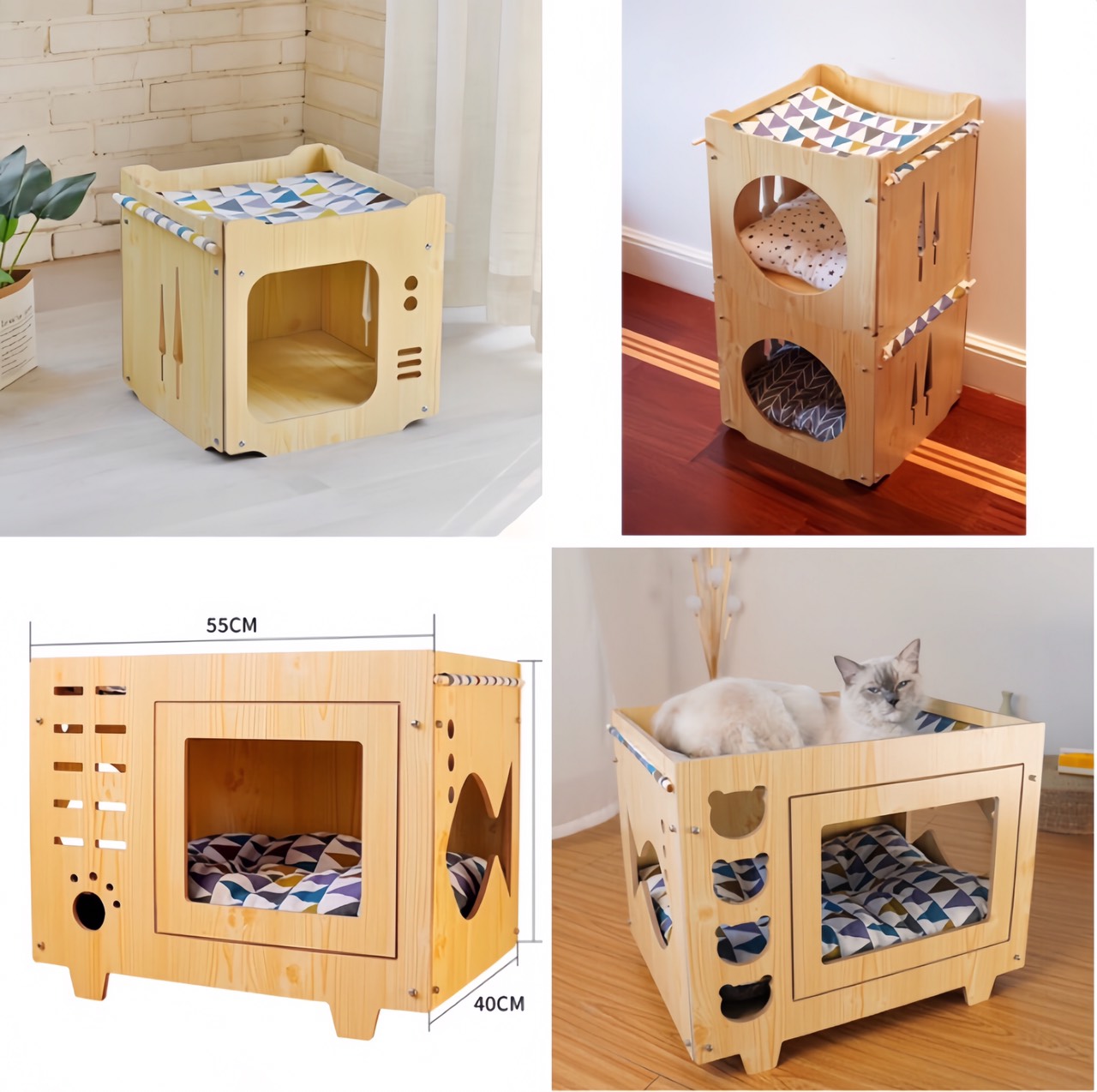 Nhà mèo chuồng mèo gỗ ổ giường nằm kèm nệm kèm võng cho mèo chó thú cưng