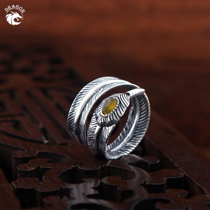 Nhẫn bạc nam, nhẫn bạc thái, nhẫn đẹp, nhẫn nam, nhẫn nam lông vũ đá vàng bạc thái - bạc nam dragon