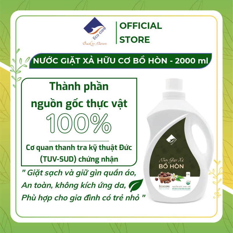 Nước giặt xả Hữu cơ Bồ hòn Ecocare 2000ml tinh dầu hoa bưởi, Nước giặt hữu cơ tự nhiên kiêm nước xả vải hữu cơ, 100% thành phần tự nhiên, an toàn cho sức khỏe, mềm dịu với da tay