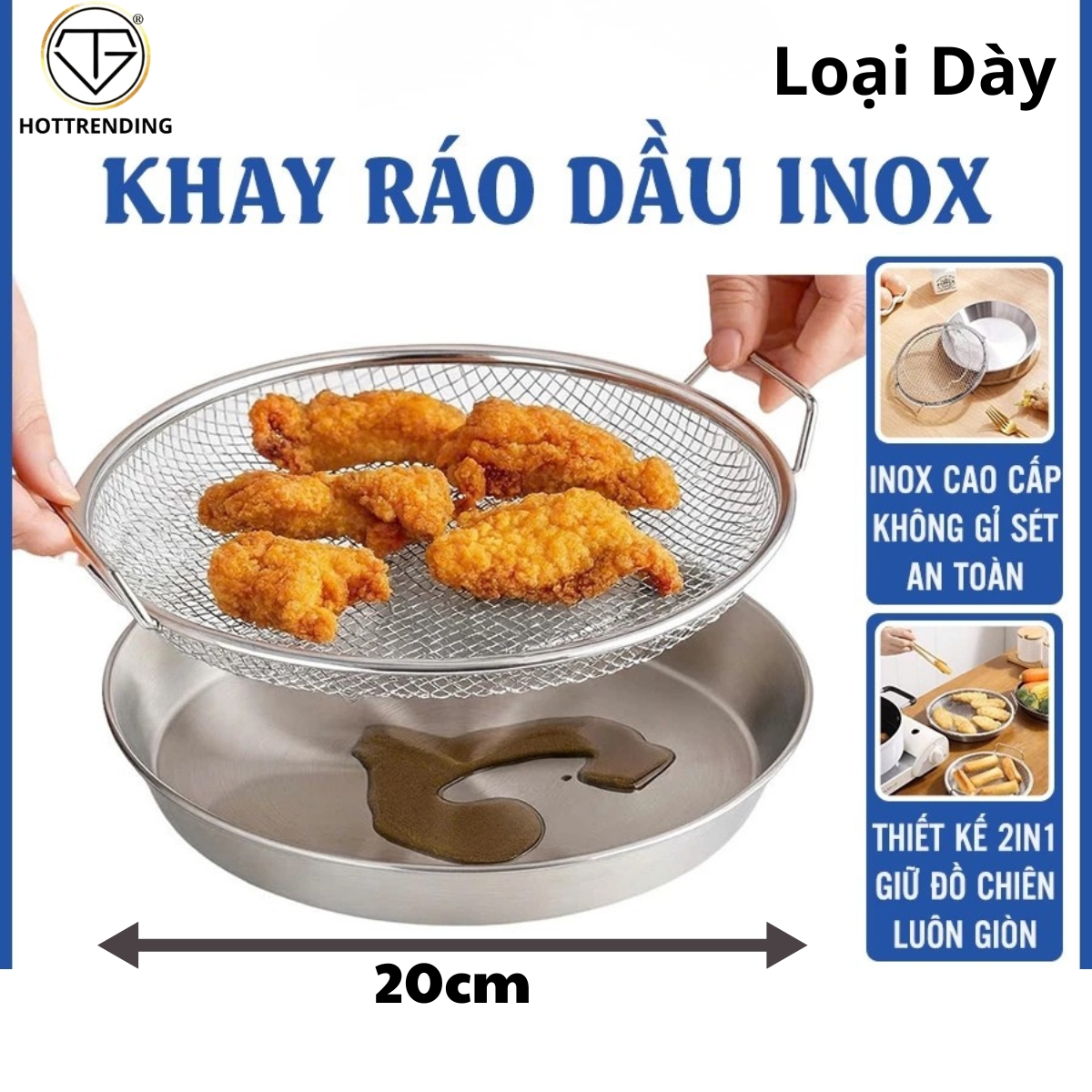 Bộ Khay Đĩa Kèm Vĩ Lưới Lọc Dầu Inox Cao Cấp Kích Thước 20cm Tiện Dụng Cho Mọi Gian Bếp Đựng Thực Phẩm Chiên Rán Luộc Hấp An toàn Bền Bỉ