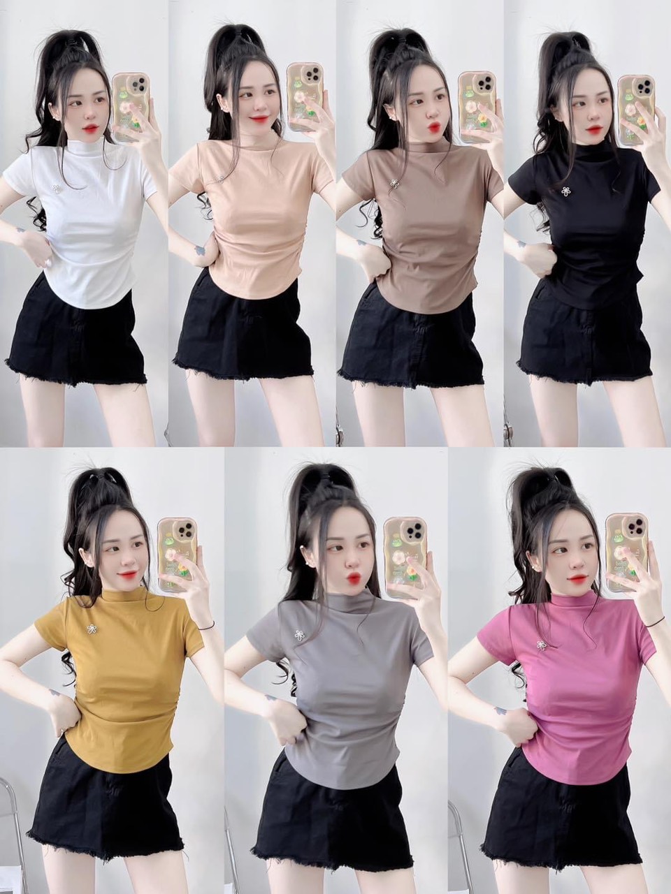 Áo Thun Nữ, Áo Kiểu Nữ, Áo Cổ Lọ, Tay Ngắn, Bầu Line Vải Gân THÁI Co Giãn Tốt, Ôm Body Mẫu mới mềm m