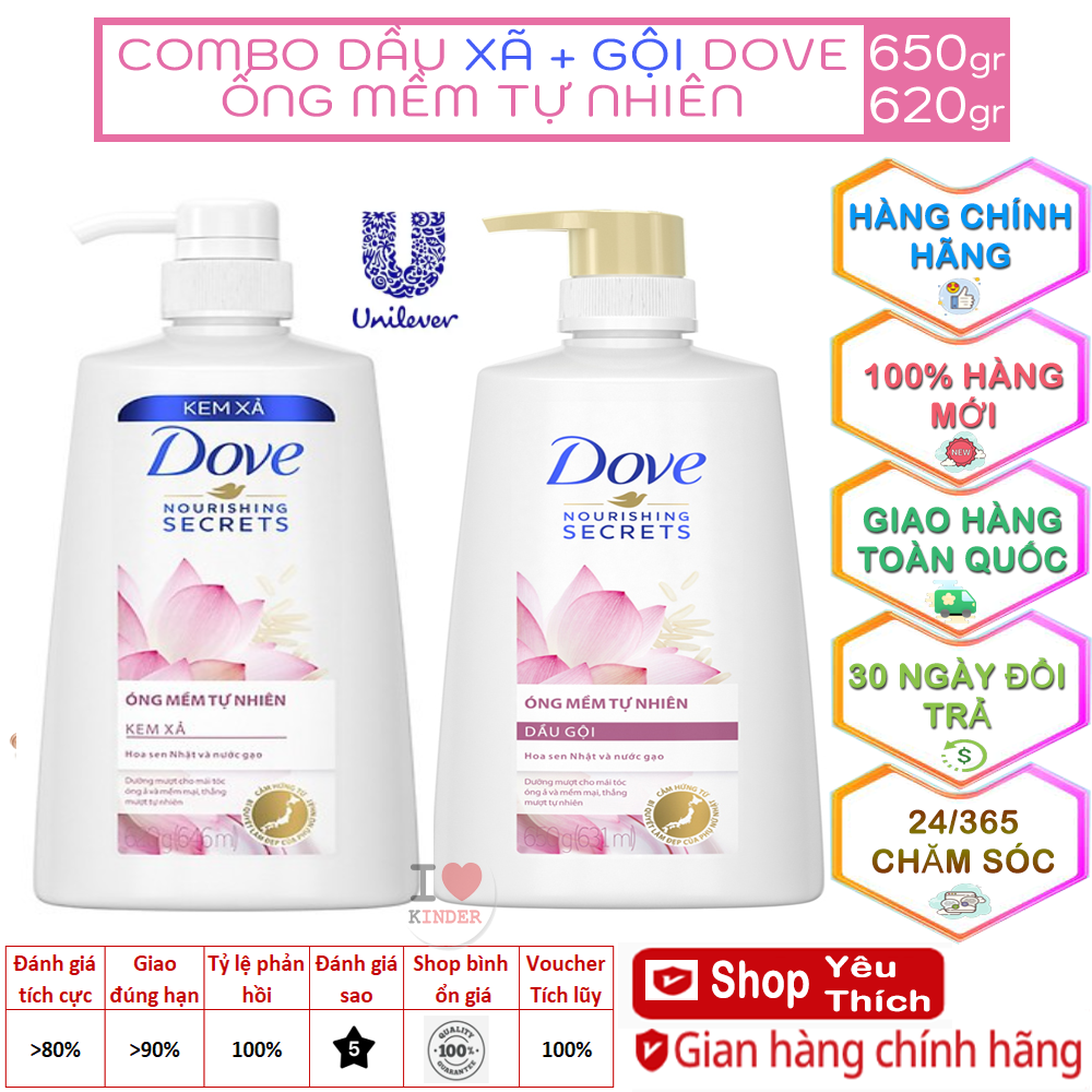 Combo dầu gội 650gr + dầu xả 620gr Dove thiên nhiên Óng mềm tự nhiên