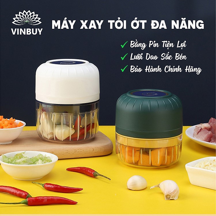 Máy Xay Tỏi Ớt Bằng Pin Sạc VinBuy Tiện Lợi, Xay Đồ Đa Năng Xay Đồ Ăn Dặm Cho Bé Với 3 Lưỡi Dao Thép Không Gỉ, Dung Tích 100ml, 250ml – Hàng Chính Hãng