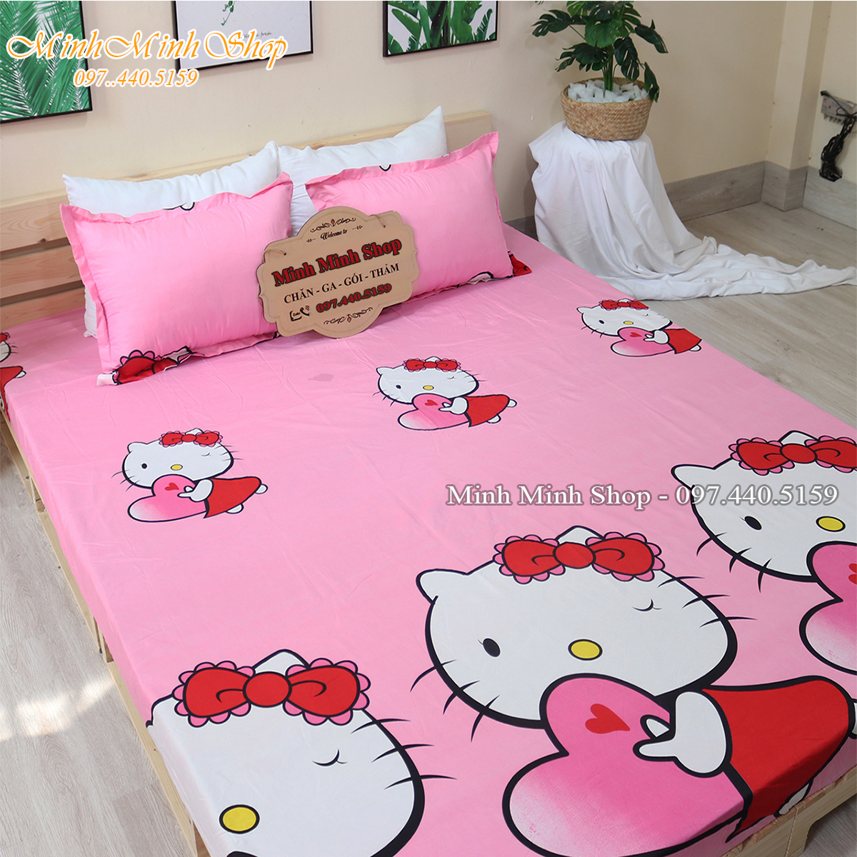 Sét 3 Món Ga Gối, Ga Trải Giường, Sét Ga Gối Nhiều Kích Thước Chất Cotton Poly Mẫu KITTY HỒNG (được chọn mẫu)