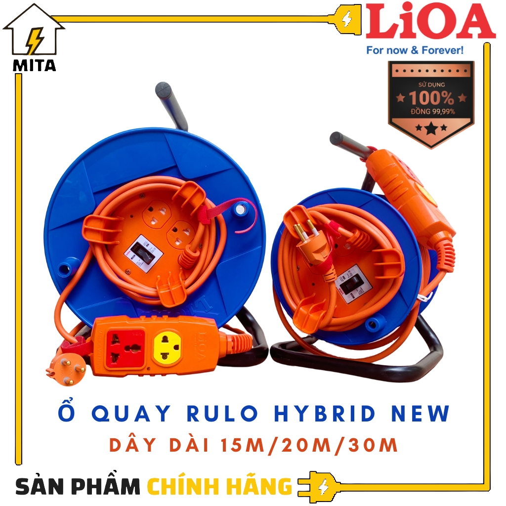 Ổ cắm kéo dài quay tay kiểu rulo hybrid lioa new dây dài 15m/20m/30m công suất 20a
