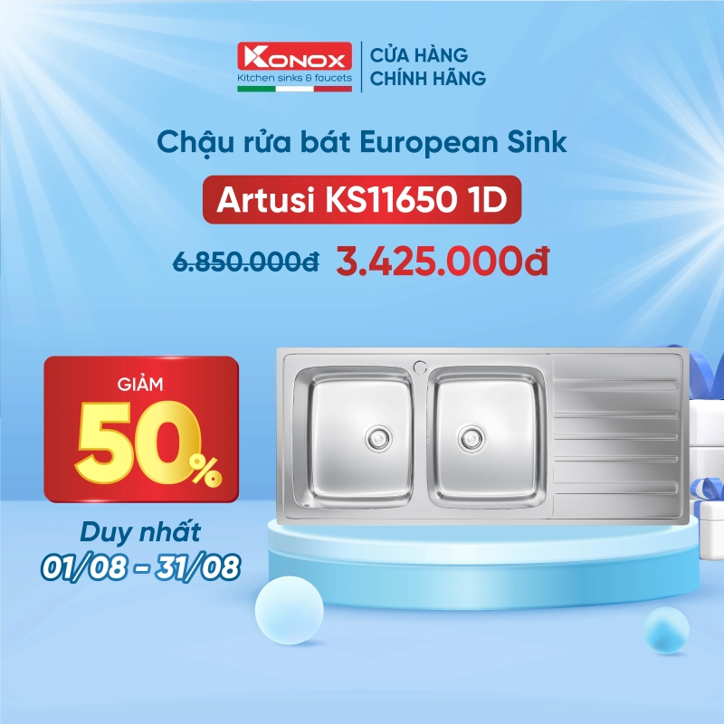 Chậu rửa bát inox 2 hố có bàn chờ Konox European Artusi KS11650 1D