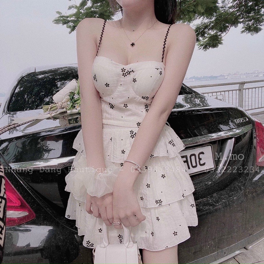 Đầm tầng phối voan cáo cấp, đầm 2 dây có mút