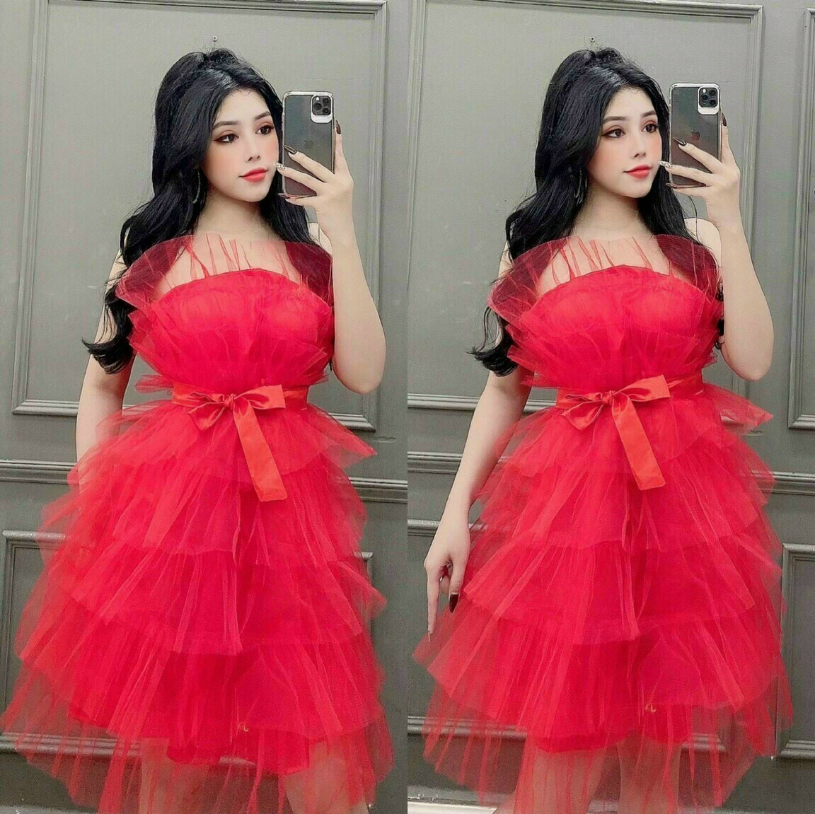 Đầm lưới tầng maxi body cúp ngực cột nơ siêu xinh xắn trẻ trung