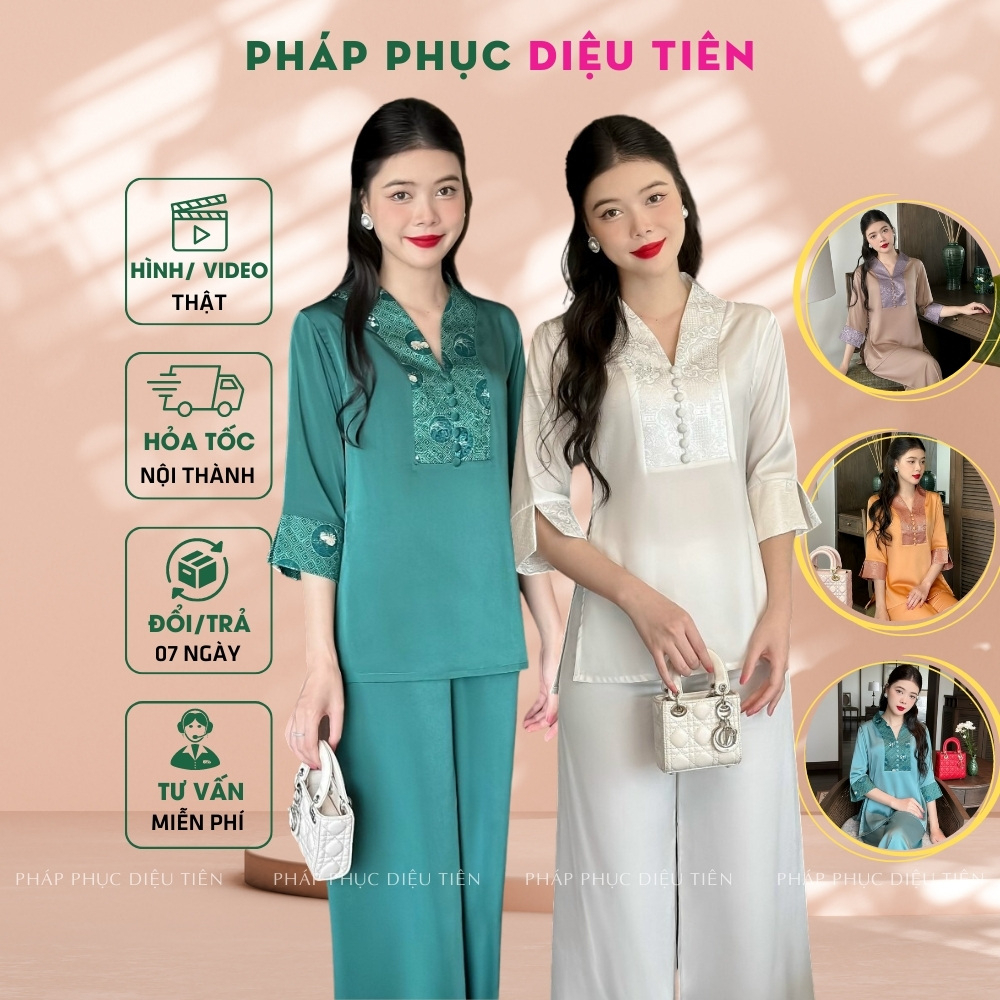 Bộ lam đi chùa set bộ mặc đi lễ chùa chất lụa phối gấm cao cấp - Pháp Phục Diệu Tiên