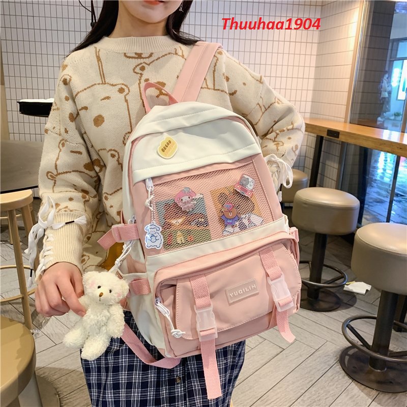 Balo đi học nữ thời trang Balo ulzzang học sinh, phong cách Hàn Quốc cao cấp chống nước bán kèm gấu bông BLHS2