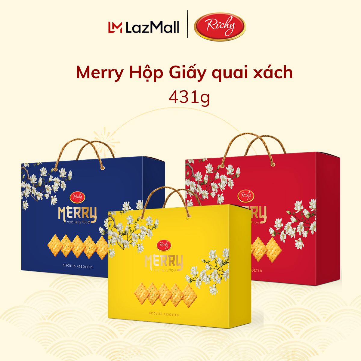 [NEW] Hộp Bánh Quy Tết Merry Richy, Hộp Giấy Quai Xách 431g - Bánh Kẹo Richy