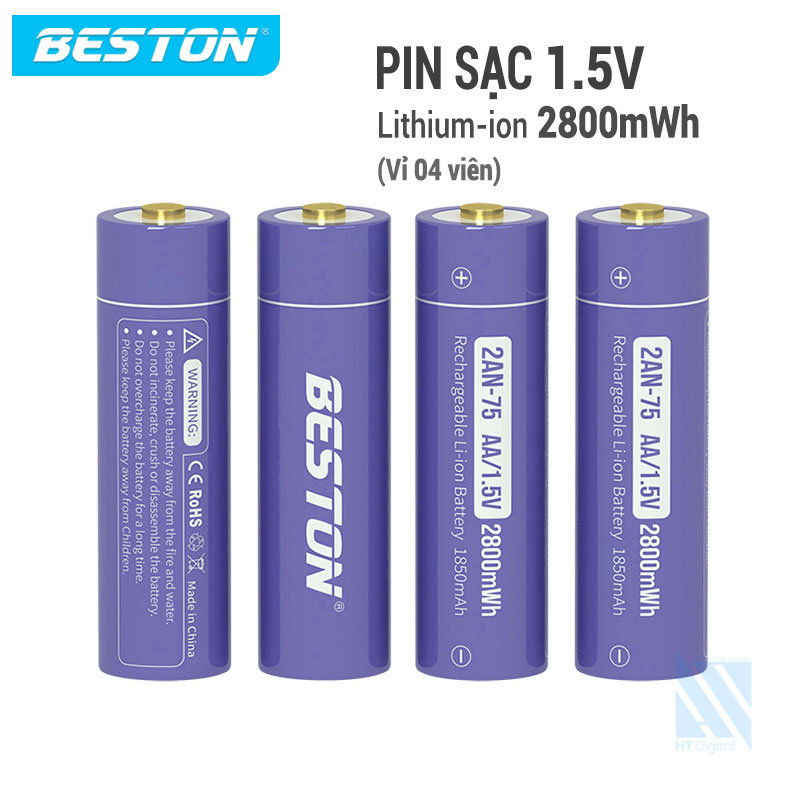 Bộ 4 pin tiểu sạc AA (2A) 1.5V 2800mWh Beston Lithium-ion cao cấp Dung lượng cao cho micro Karaoke, đồ chơi trẻ em, đồng hồ