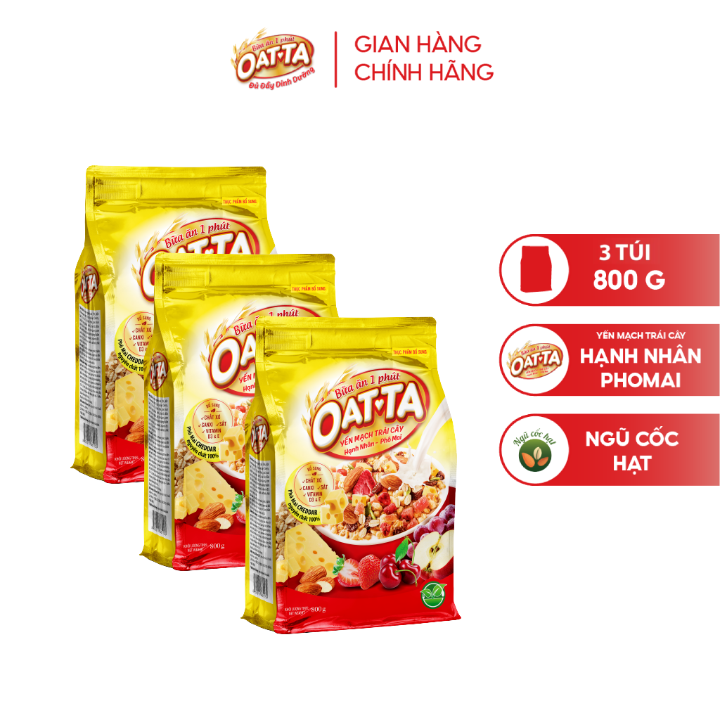 Combo 3 Yến Mạch Trái Cây Hạnh Nhân - Phô Mai OATTA Thơm Béo Ăn Liền Túi 800g