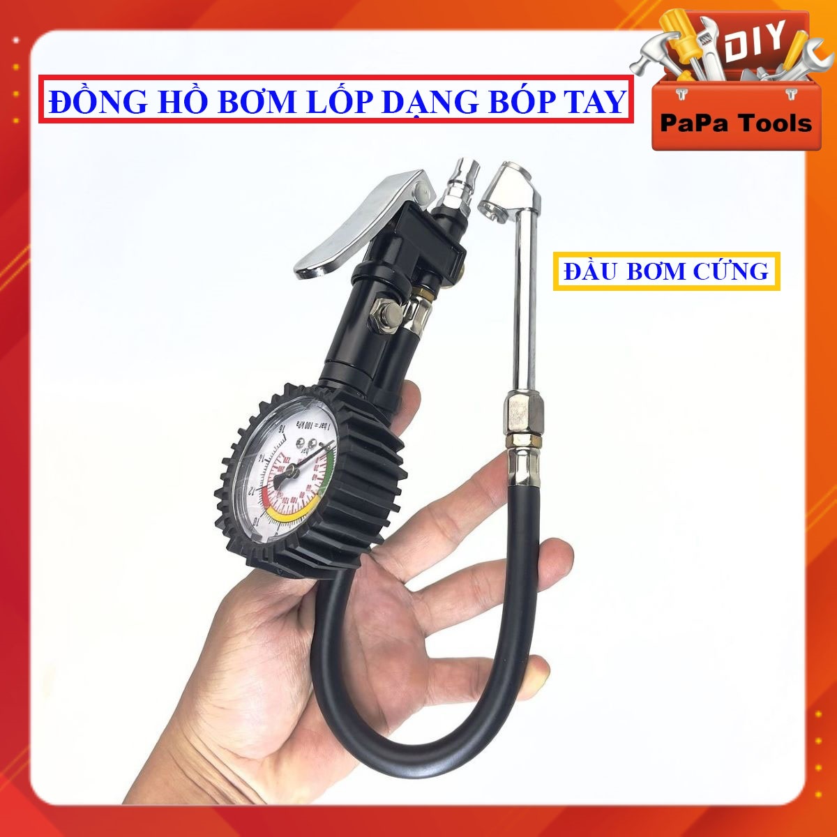 Đồng hồ bơm lốp dạng bóp tay - đầu bơm cứng- đồng hồ đo áp suất ô tô tự động