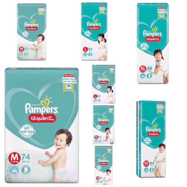 Bỉm Pampers Quần Giữ Dáng Mới Gói Cực Đại M74/L68/XL62/XXL56 - Pamper Gói Đại M60/L54/XL48/XXL44( cắt tem )