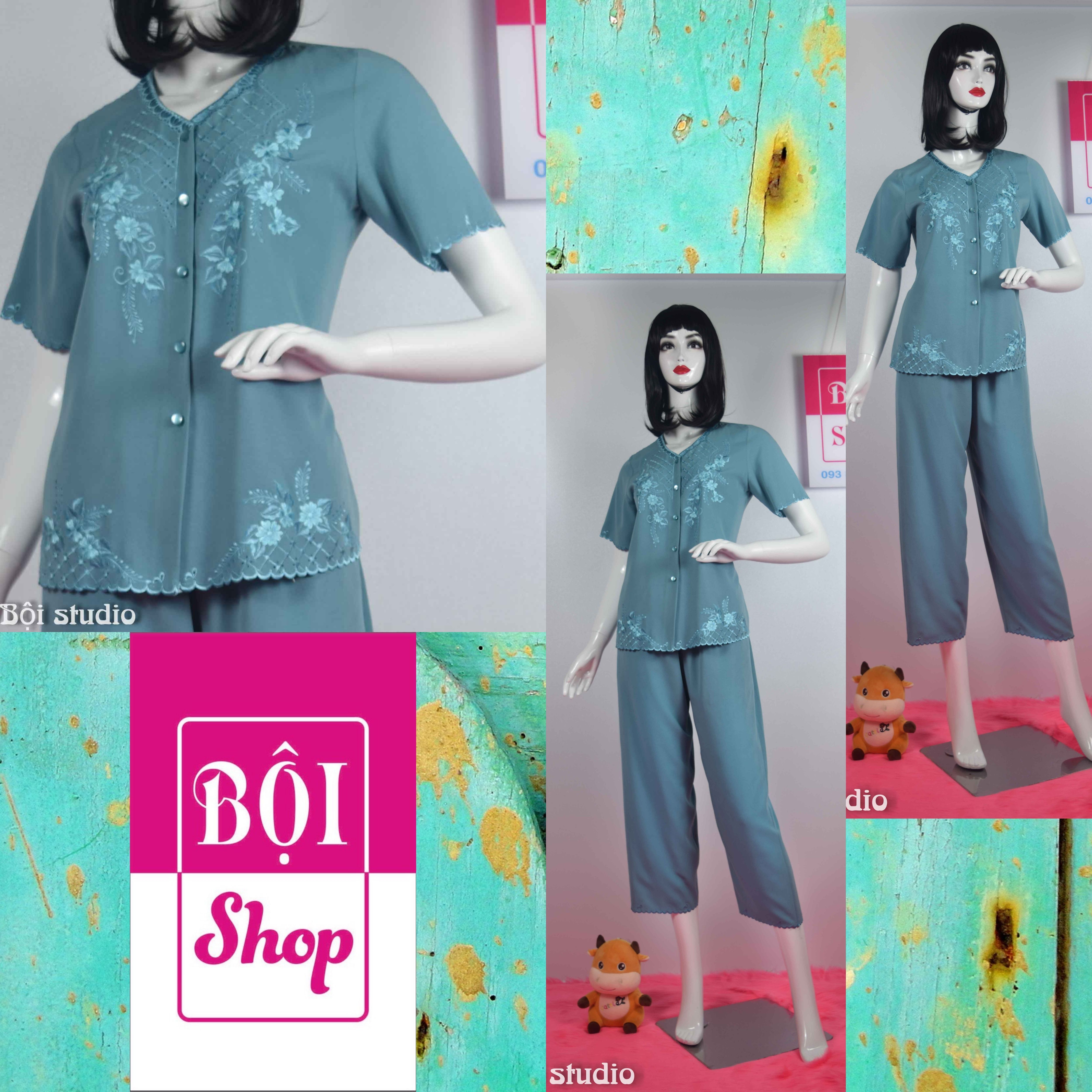 [HCM]Lụa Ấn Thêu Trung Niên Và Lớn Tuổi  Loại Tay Ngắn  Quần Dài-NATR-XANH150