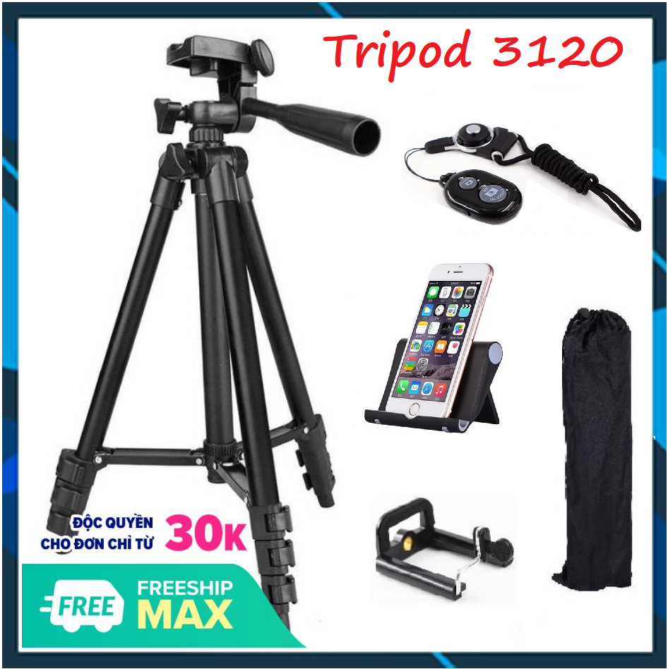 ⚡⚡ [HOT SALE] ✔️FREESHIP✔️ [MẪU MỚI 2020] Chân đế chụp hình Tripod 3120 (Đen) + Tặng 1 GIÁ ĐỠ ĐA NĂNG + 1 Remote chụp hình Bluetooth KÈM DÂY + 1 Gá kẹp 001 FUNO
