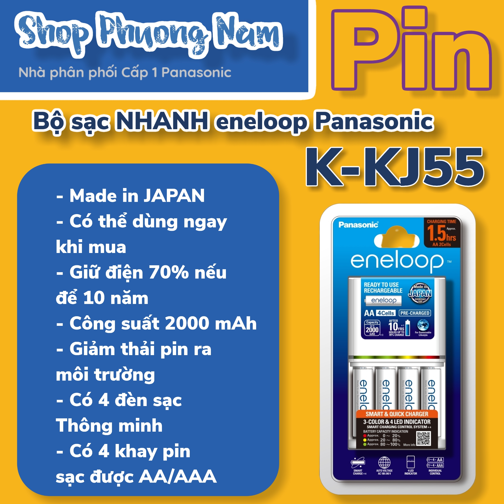 Pin sạc , bộ sạc NHANH Panasonic eneloop K-KJ55