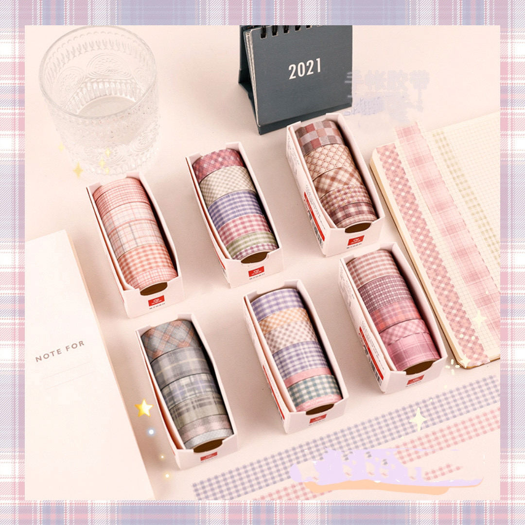 Băng dính washi tape trang trí sọc ca rô xinh xắn set 6 cuộn Bông Shop