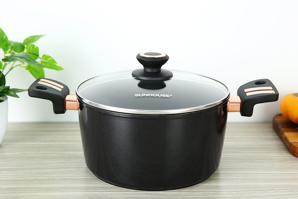 Nồi nhôm chống dính ultra titanium nắp kính sunhouse st2210b-20cm- và st2210b-18cm- dùng cho bếp: bếp gas bếp hồng ngoại bếp từ