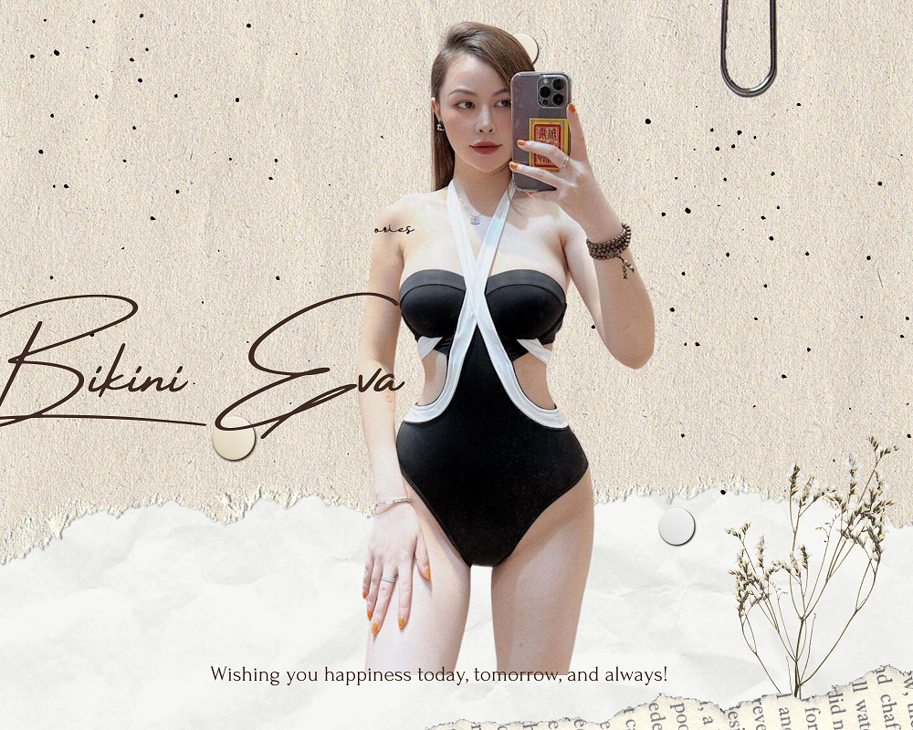 Bikini bộ bơi đồ bơi nữ liền thân khoét eo gọng nâng ngực phối dây trắng EVA LTGKEVT