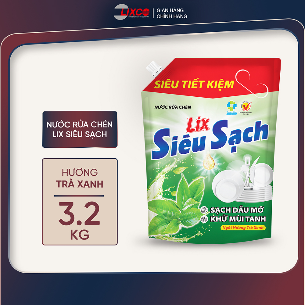 Combo 2 túi nước rửa chén LIX 3.2KG siêu sạch hương trà xanh loại túi N8118 làm sạch vết bẩn dầu mỡ không hại da tay - Lixco Việt Nam