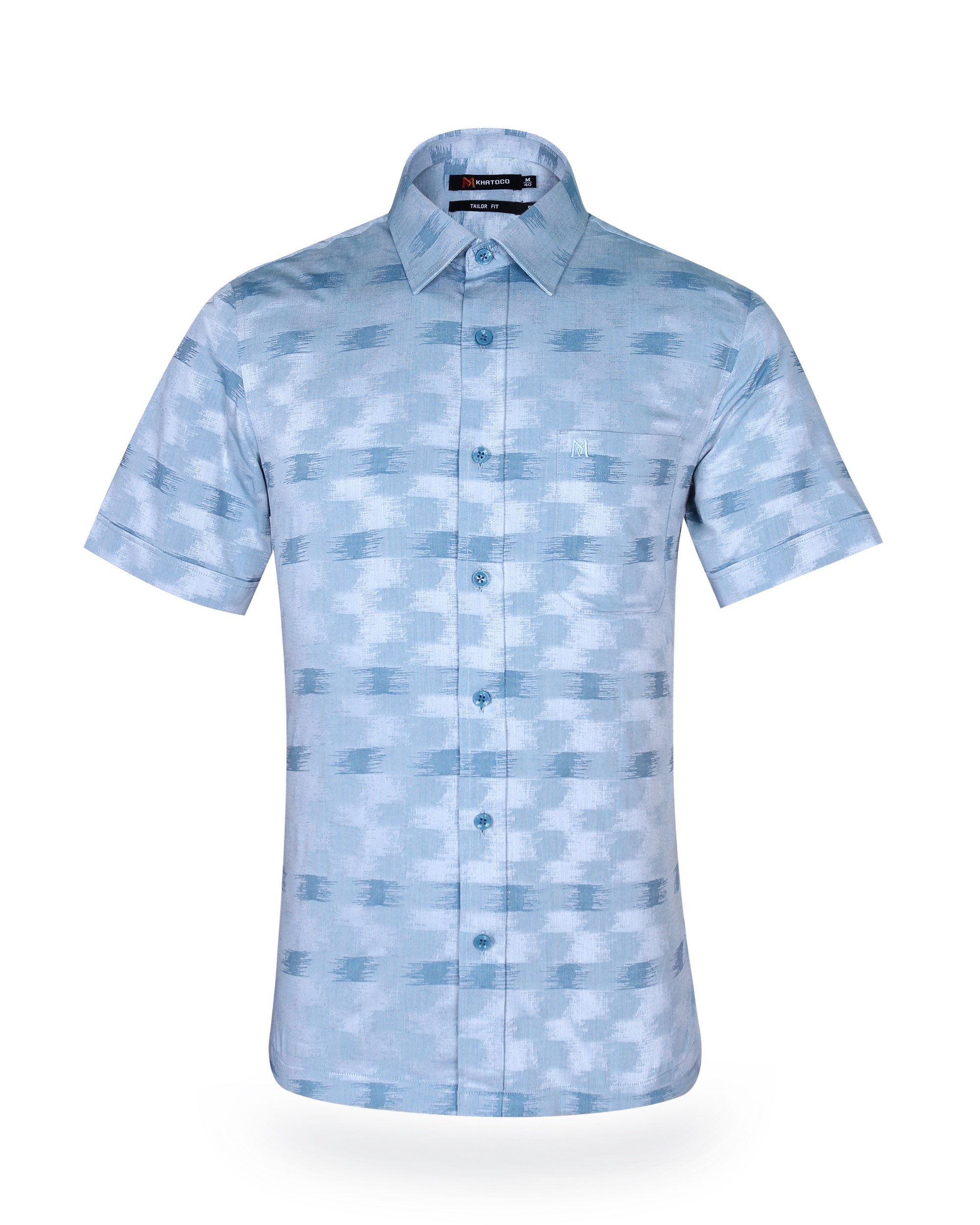 Áo sơ mi nam tay ngắn màu xanh ngọc hoạ tiết loang Khatoco mã A1MN538T2-CNMK004-2202-N