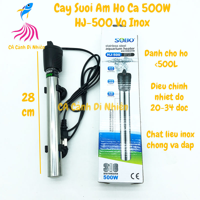 Cây sưởi ấm hồ cá vỏ inox 500W SOBO HJ-500 cho hồ bể cá